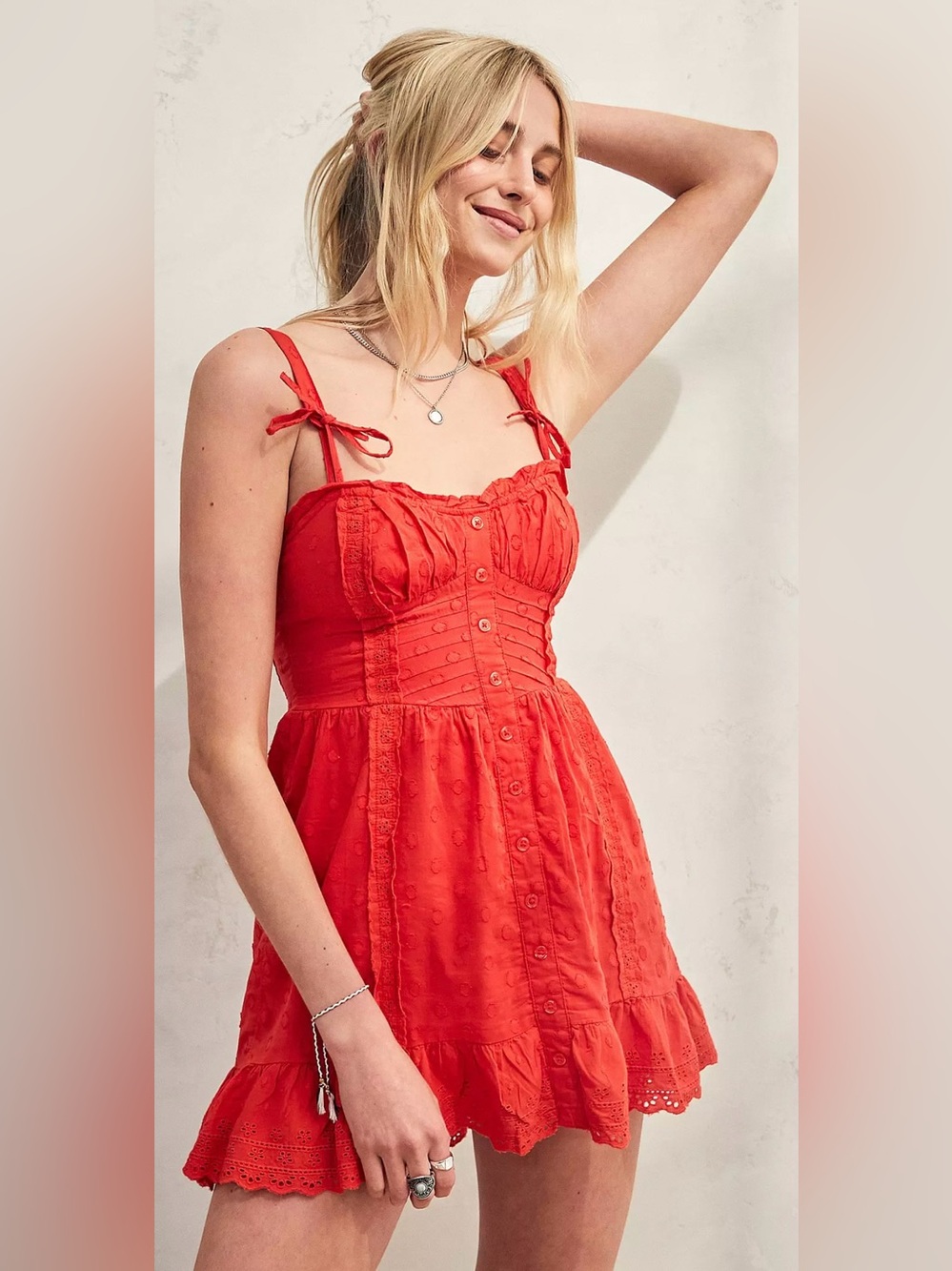 Urban Outfitters Red Tie-Shoulder Button Front Mini Dress